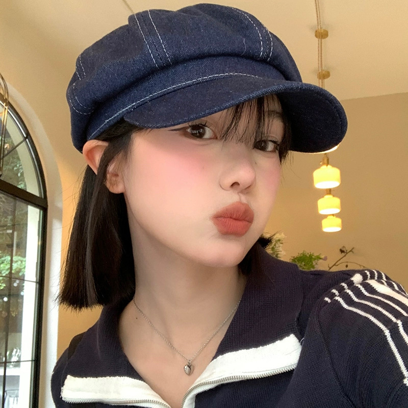 レトロなカレッジスタイルのフォワードハットチェック柄ペインターベレー帽サブカルチャー女性カジュアル多用途カモノハシハット甘くてクールなホットガール|undefined
