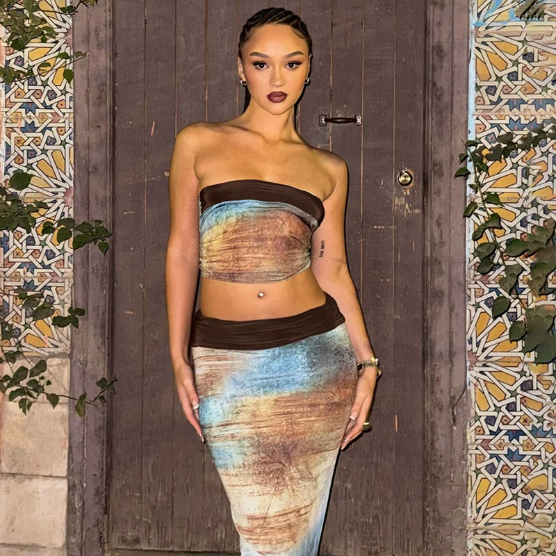 Women Spring Summer Tube Top Blooming Printed off the Shoulder Elastic High Waist Long Hip Skirt Two Piece Sets 7 Women Spring Summer Tube Top Blooming Printed off the Shoulder Elastic High Waist Long Hip Skirt Two Piece Sets