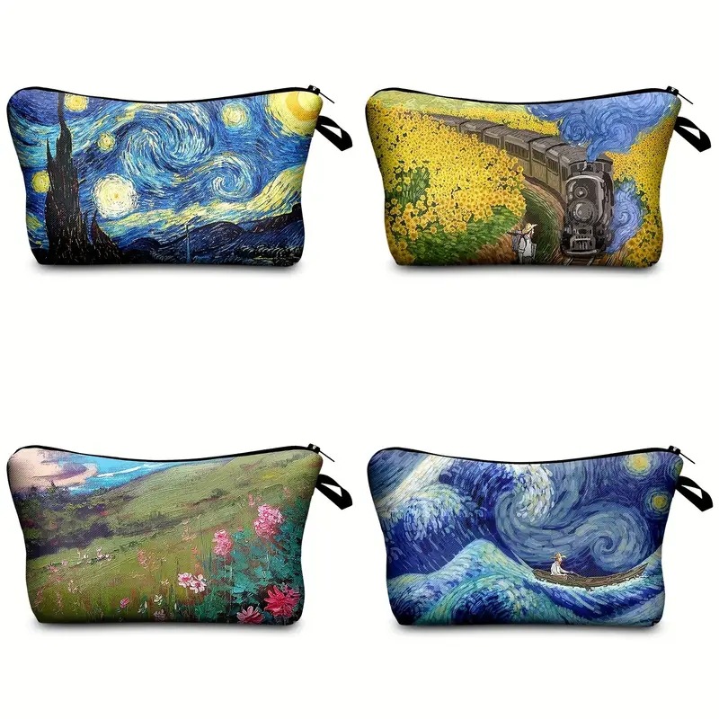 Transfronterizo amazon damas maquillaje bolsas de maquillaje retrógrado impresión de pintura al óleo bolsa de almacenamiento algodón lino impermeable