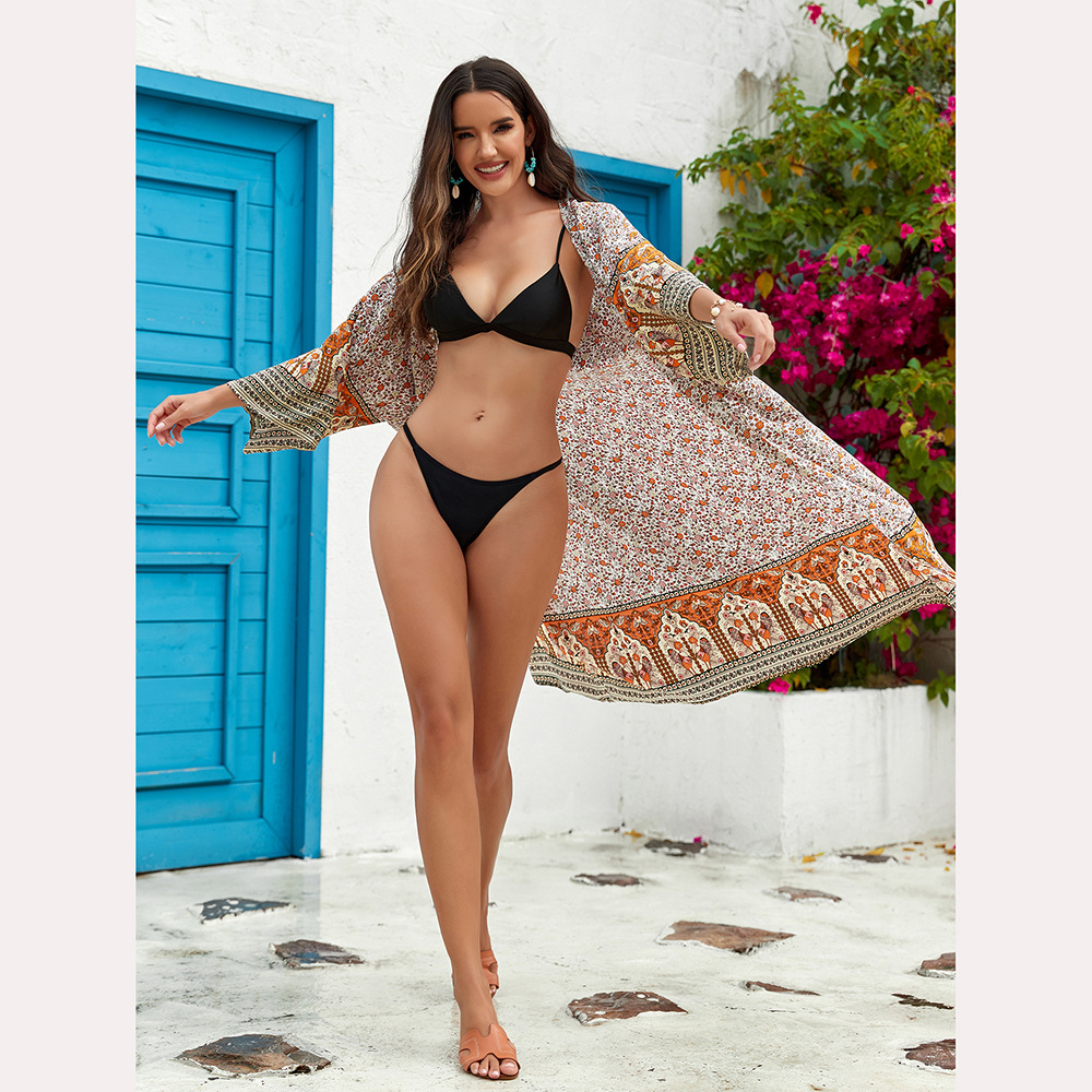 3 colores nuevo europeo y americano playa chal rayón impreso kimono bikini protector solar camisa vacaciones playa falda 3815