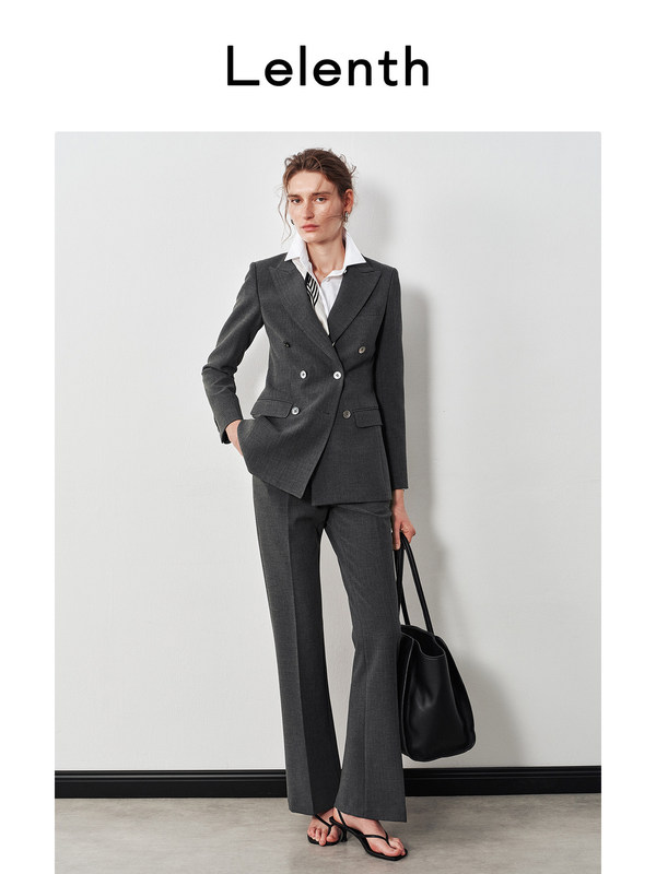 Lelenth medium gray elegant workplace suit for women with shell buttons, sophisticated business blazer formal wear Lelenth medium gray elegant workplace suit for women with shell buttons, sophisticated business blazer formal wear