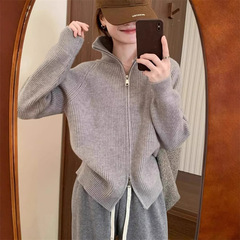 韩版双拉链加厚毛衣外套女秋冬新款感休闲慵懒风针织开衫上衣