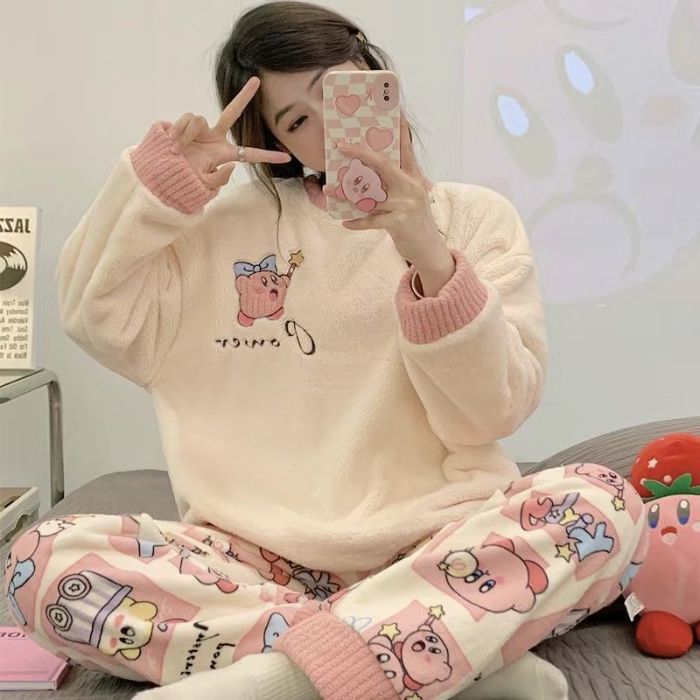 Franela al por mayor transfronteriza otoño invierno pijamas mujeres engrosadas dulces dibujos animados casuales manga larga chaqueta explosiva ropa para el hogar