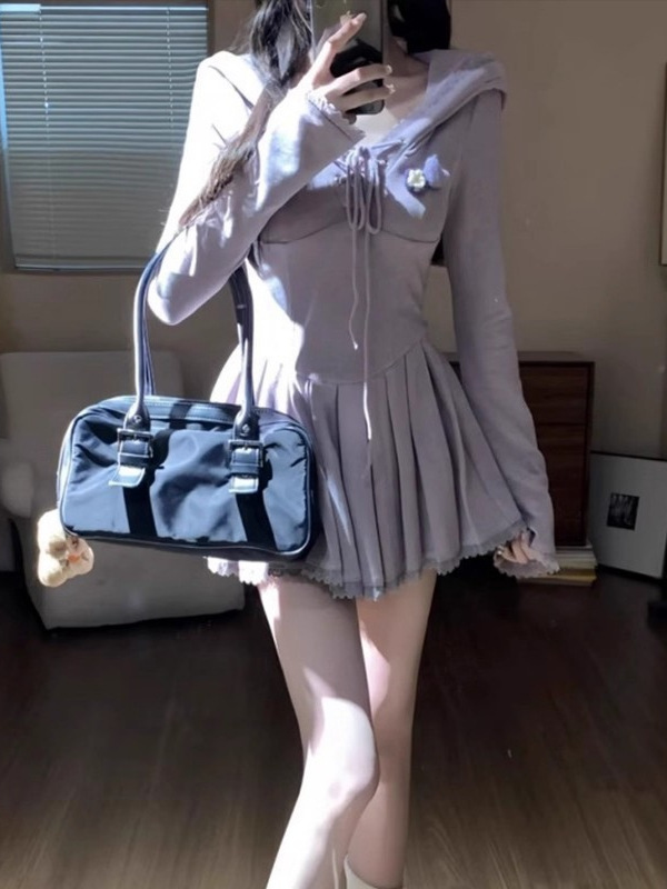 初恋纯欲紫色连帽连衣裙春秋小个子收腰显瘦甜辣妹短款设计感裙子|undefined