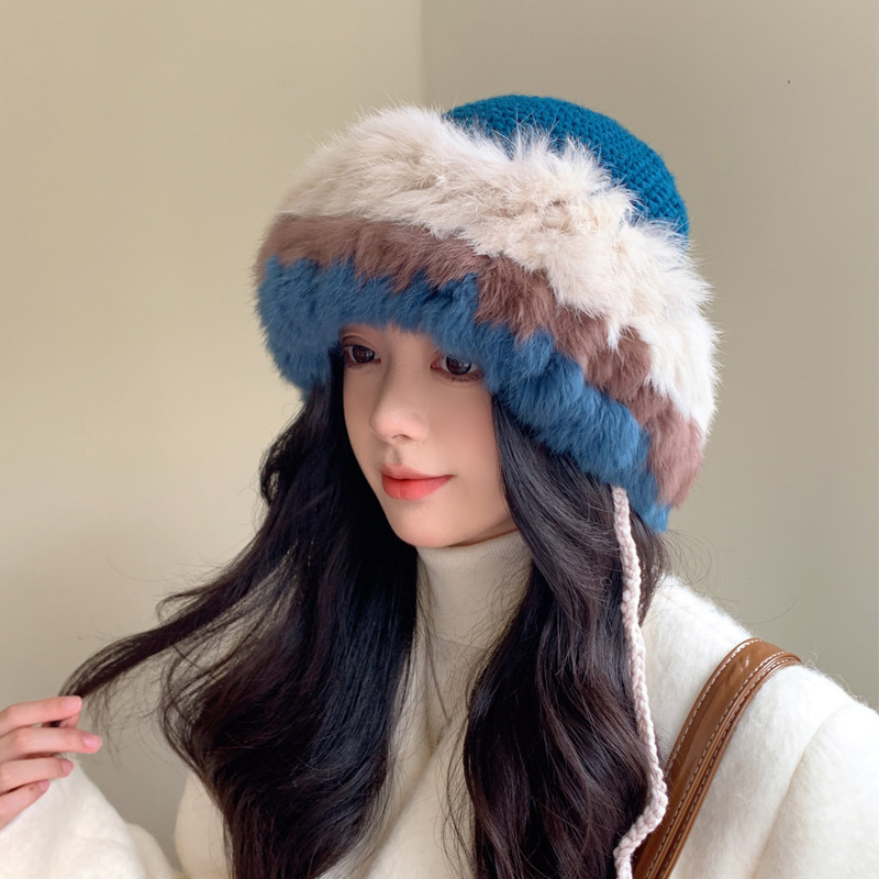Cappello lavorato a maglia in pelo di coniglio per donna in autunno inverno, cappello in lana calda patchwork, versione coreana, peluche dolce e carino_voghion.com