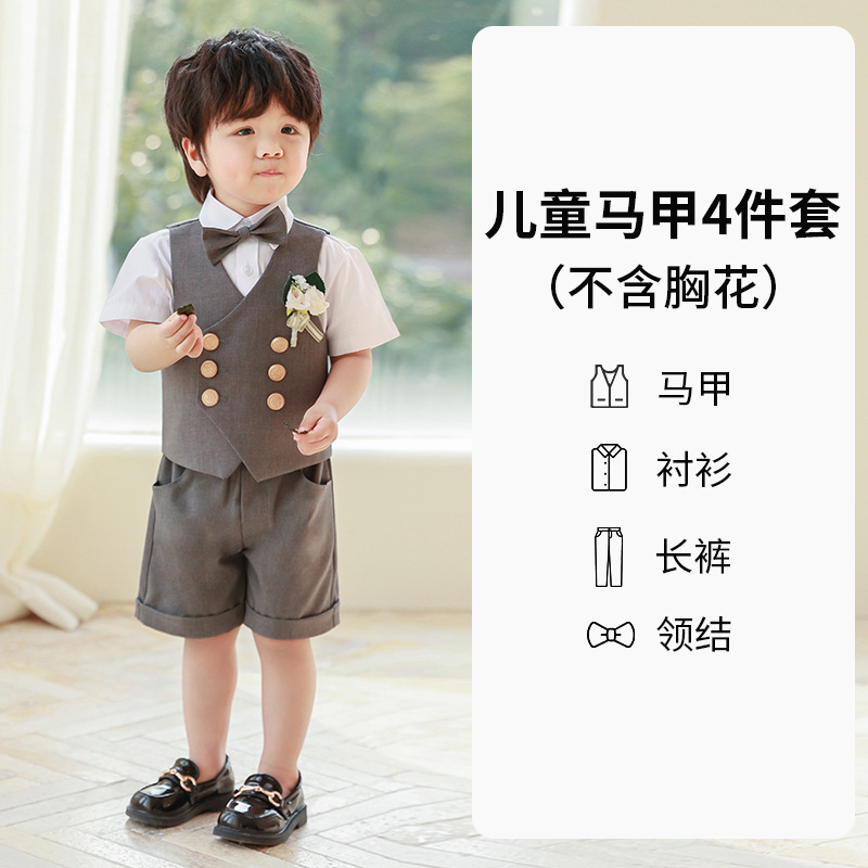 Traje de niño, chaleco, traje de manga corta, traje de actuación de estilo británico de verano, vestido de cumpleaños de bebé, niña de las flores