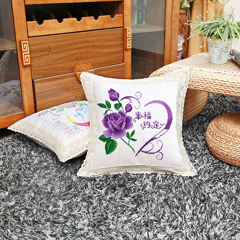 Bordado DIY punto de cruz almohada hecha a mano sala de estar almohada cojín de la boda Lu Bordado pareja de dibujos animados impreso almohada Coche