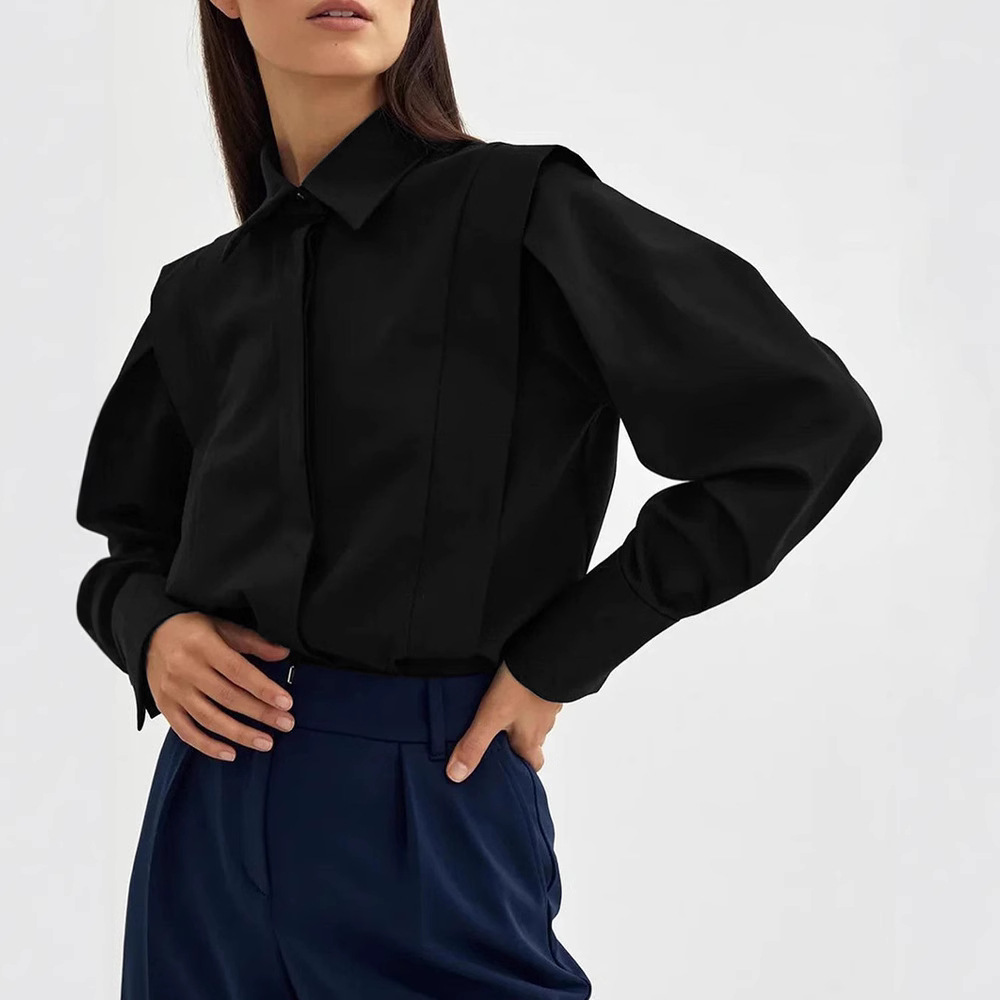 Diseño transfronterizo de Amazon nicho europeo y americano francés de viaje de ángulo recto hombro camisa delgada de primavera de mujer costura de manga larga
