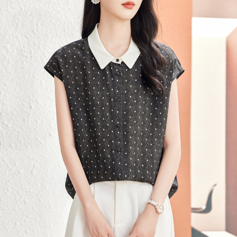High-End Silk Shirt for Women, Short-Sleeved, 2026 New Summer Style, Doll Collar, Polka Dot, Slimming, Mulberry Silk Blouse
