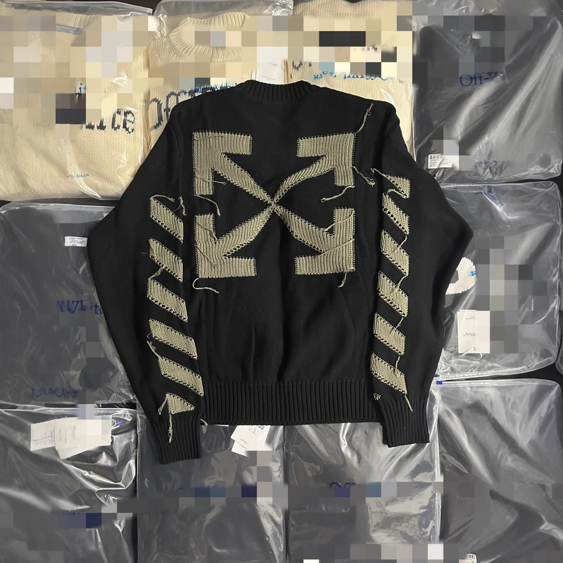 Fashionable Brand Off Ow White Simple Arrow Pattern Round Neck Pullover Knitwear for Men and Women, Personalized Knitwear Fashionable Brand Off Ow White Simple Arrow Pattern Round Neck Pullover Knitwear for Men and Women, Personalized Knitwear