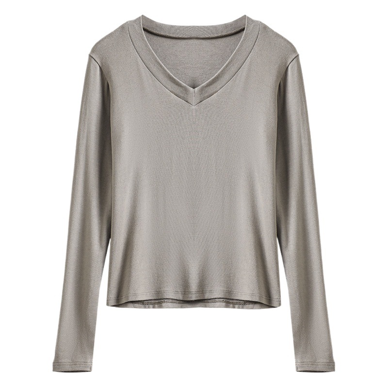 Q-Camiseta versátil con cuello en V y parte inferior de color puro para mujer, camiseta interior de manga larga con aspecto adelgazante, capa base