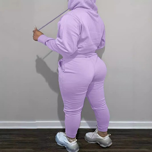 Foreign trade new autumn and winter two-piece women's fleece-lined hooded kangaroo pocket sports sweater suit in stock batch