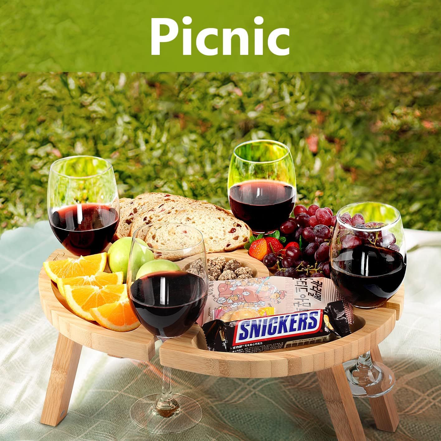 Bandeja de picnic de madera maciza portátil, mesa para vino y camping al aire libre, estilo rústico