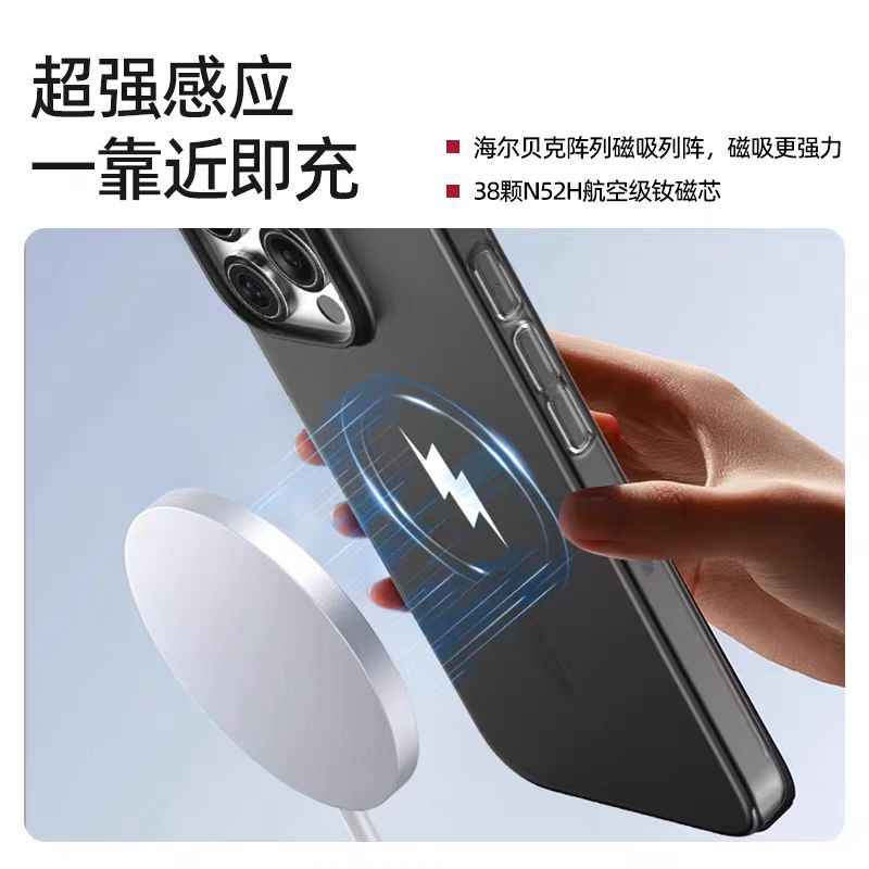 Aplicable para iPhone16 pro max caja de teléfono ligera esmerilado succión magnética manzana 16 esmerilado caja translúcida