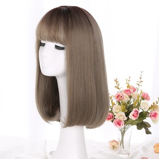 Wig Women's Long Straight Hair Shoulder-length Buckle Short Hair Cyber-red Medium Long Hair Women's Student's Roll Wig Face Repair Natural and Realistic