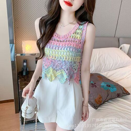 Dopamine Resort Style Hollow Crochet Flower Knitted Camisole Women's New Sweet & Spicy Slim-fit Short Vest Top