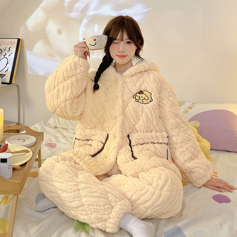 새로운 겨울 파자마 여성 3 층 면 두꺼운 기모 면화 외투를 입고 면화 옷