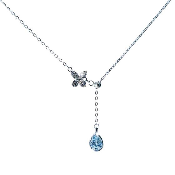 S925 Sterling Silver Butterfly Necklace Light Luxury Niche Personality High-end Blue Water Drop Zircon Tassel Trendy Sliding Accessories
