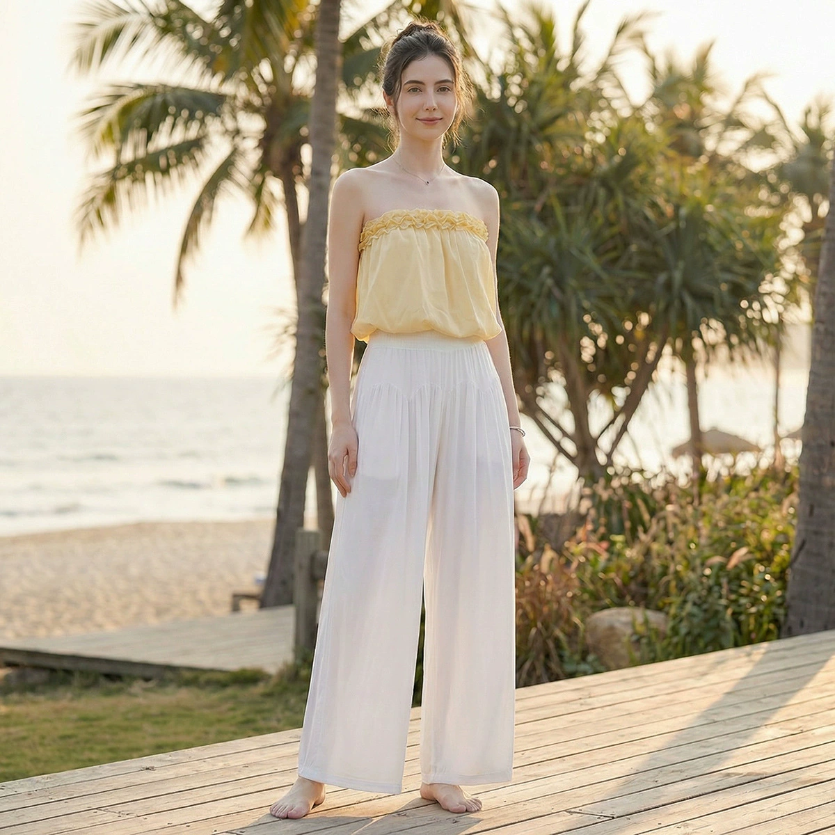 French sloping shoulder top, ear-trimmed one-shoulder blouse, loose, covering the flesh and slimming, resort style Lyocell outer vest