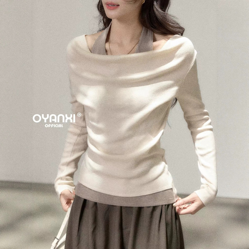Ouyang Xi's "Oatmeal Layered Collar" high-fashion Miu-style outfit, featuring a faux two-piece knitted sweater, early autumn women's long-sleeve top Ouyang Xi's "Oatmeal Layered Collar" high-fashion Miu-style outfit, featuring a faux two-piece knitted sweater, early autumn women's long-sleeve top