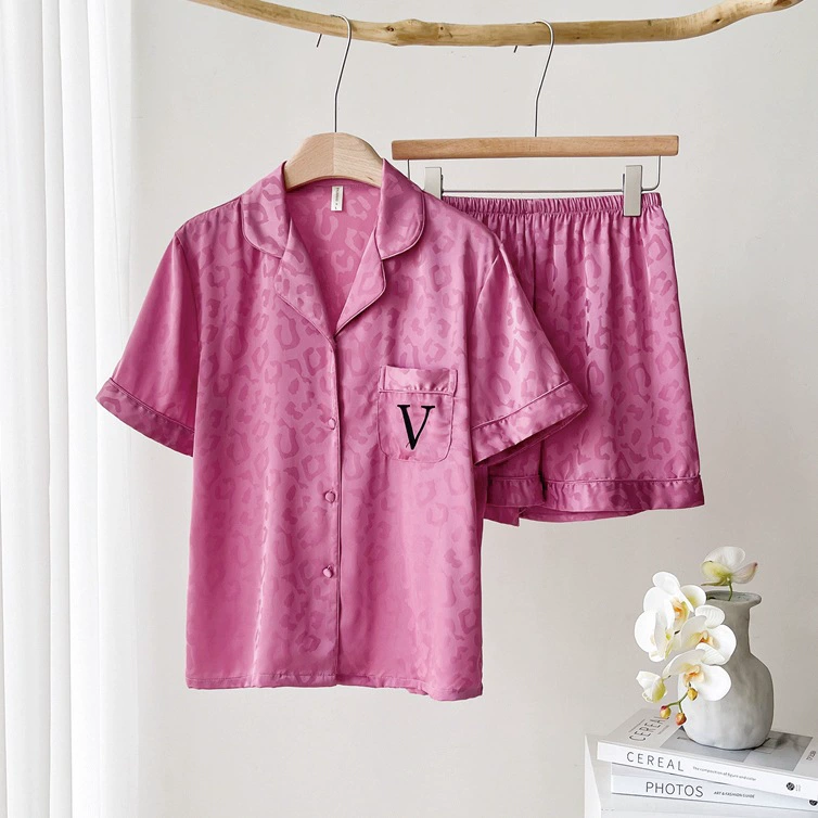 Розовый леопардовый узор летняя корейская версия с леопардовым принтом жаккардовым льдом тонкий тонкий простой премиум-класса пижамы домашний костюм костюм женский