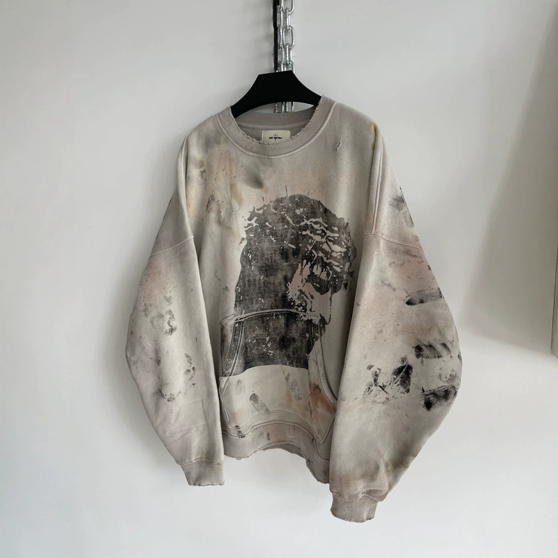 Cross-border vintage round-neck sweatshirt, in-stock sweatshirt, loose-fitting street-style American distressed pullover, custom-made from provided images, pre-sale
