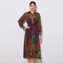 法式田园风小清新涂鸦设计彩色印花收腰连衣裙灯笼袖甜美衬衫裙