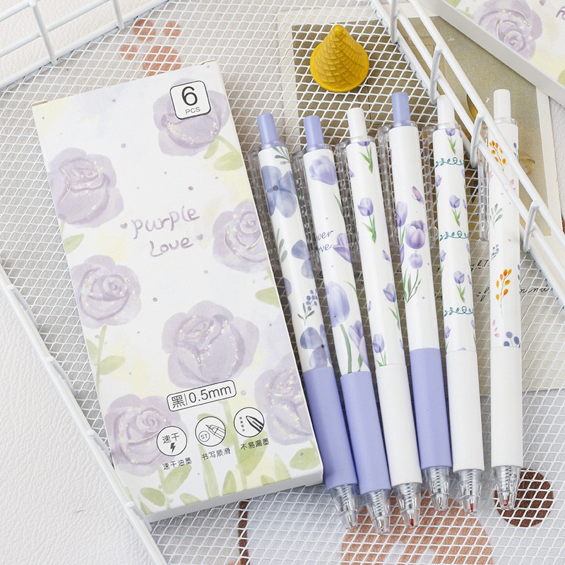 High-Value Purple Rose Retractable Gel Pen Ins Girly Exam Pen Student Quick-Drying Durable Black Pen Water Pen