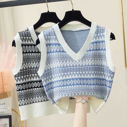 Women's Knitted Vest, Open-Front Korean Style, Loose Short-Sleeve V-Neck Sweater, Fall Fashion