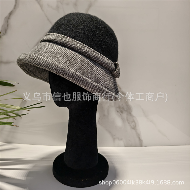 新款毛呢拼接帽子秋冬韩版英伦复古呢子加绒渔夫帽圆顶大檐礼帽女|undefined