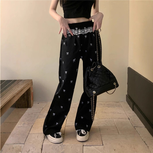 Sweet hot girl bow lace spliced ​​casual pants for women in autumn design loose elastic waist wide-leg pants straight pants