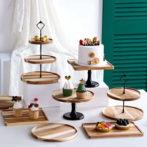 Cross-border delivery simple double-layer dried fruit tray living room fruit storage tray three-layer candy snack tray multi-layer wooden tray