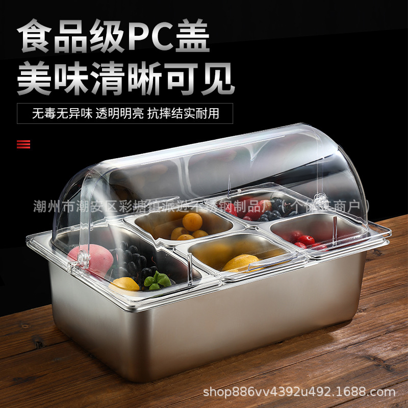 Cuencos de acero inoxidable con cubierta de hielo, incubadora de polvo de hielo de frutas frescas, puestos comerciales, condimento de rejilla múltiple