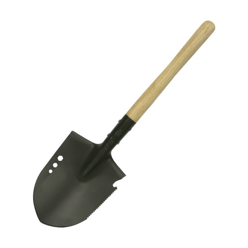 Small engineer shovel with serrated wooden handle, small short handle, green hardwood handle, pointed shovel training training, flood rescue tool