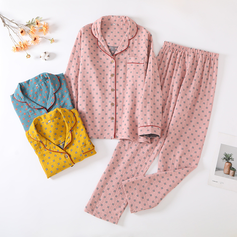 Nuevo algodón puro de doble capa de hilo pijamas ropa para el hogar pantalones de manga larga de las mujeres algodón jacquard transpirable suave ropa para el hogar traje