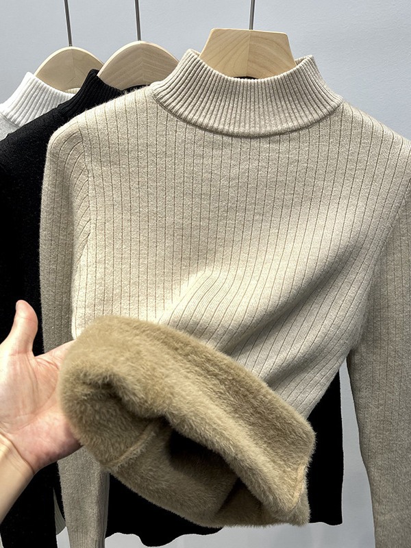 Suéter de mujer Ropa interior de estilo occidental Otoño e Invierno 2024 Nueva ropa de mujer suelta Forrado de lana engrosada camisa de fondo de punto