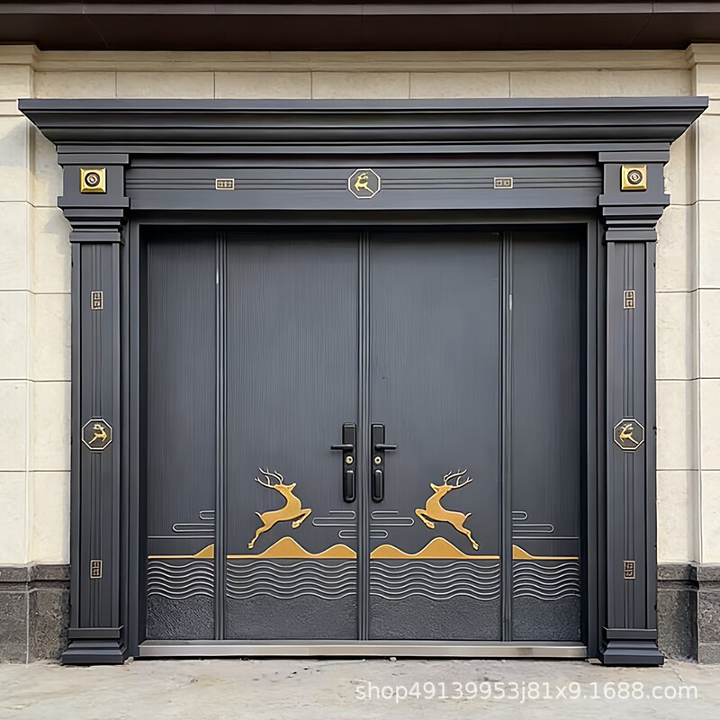 Zinc alloy villa double-door entrance door for rural self-built homes, four-panel imitation copper anti-theft entrance door for living room Zinc alloy villa double-door entrance door for rural self-built homes, four-panel imitation copper anti-theft entrance door for living room