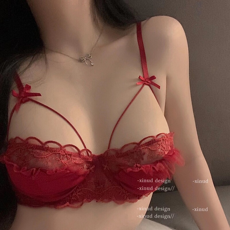 Japanese pure sexy underwear women's small chest push up French thin summer lace strap steel ring bra suit