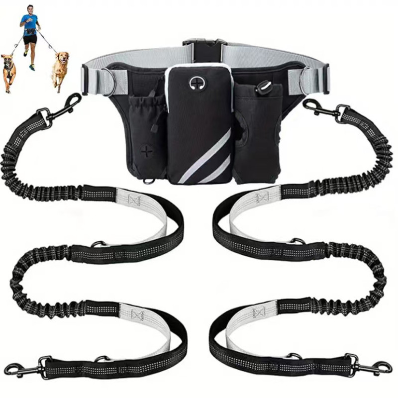 Running Waist Bag with Retractable Hands-Free Dog Leash and Double Elastic Straps for Jogging and Hiking, Suitable for Carrying 2 Dogs