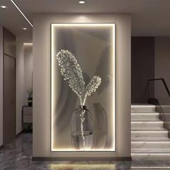 家に入るledライトの軽い豪華な羽の玄関は客間のソファーを描いて床に落ちてクリーム風を描いて現代の簡単な壁画を掛けます。