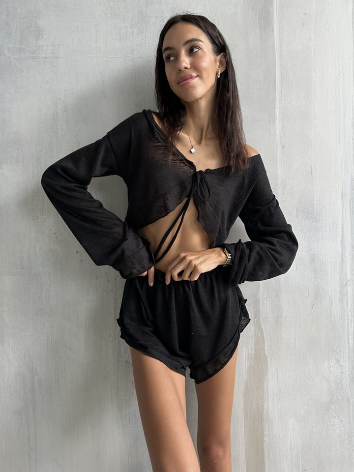 Bộ đồ ngủ nữ áo cardigan thắt dây kèm quần short dệt kim mặc nhà thoải mái — Màu trắng, Màu đen chi tiết 36