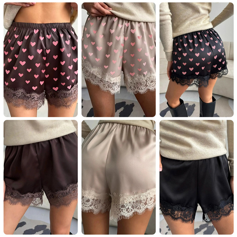 French-Style Elegant High-Waisted Satin Lace-Trimmed Shorts, Summer Home Sleepwear, Lace-Trimmed Shorts for Outerwear