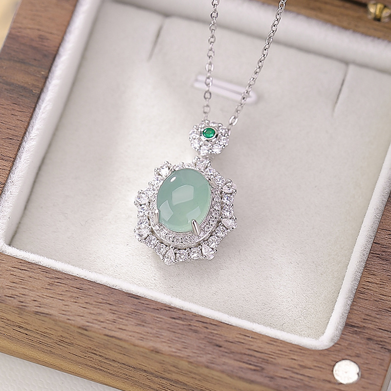 Mặt dây chuyền hình bầu dục ngọc bích xanh mạ bạch kim S925 — Mặt dây chuyền đơn (không có dây chuyền)