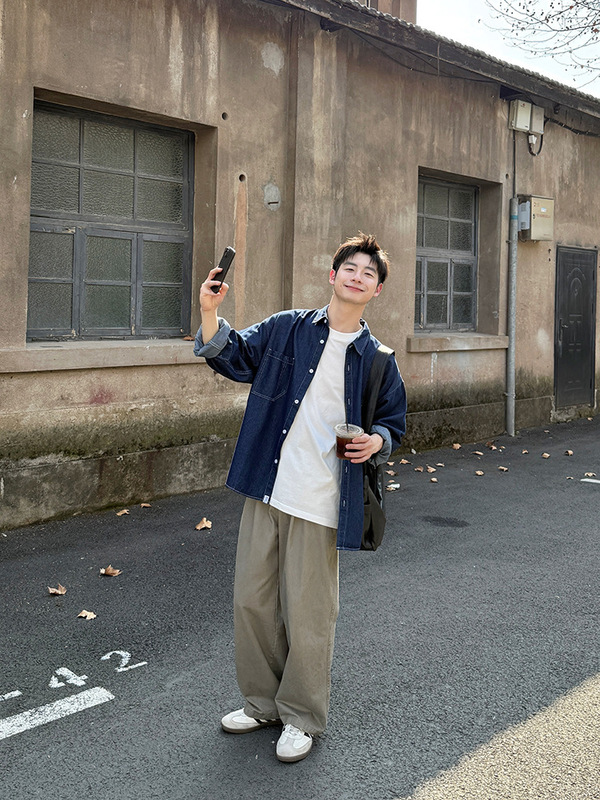 蓝色牛仔衬衫长袖男生春秋季2025新款日常百搭外套上衣衬衣纯色|undefined