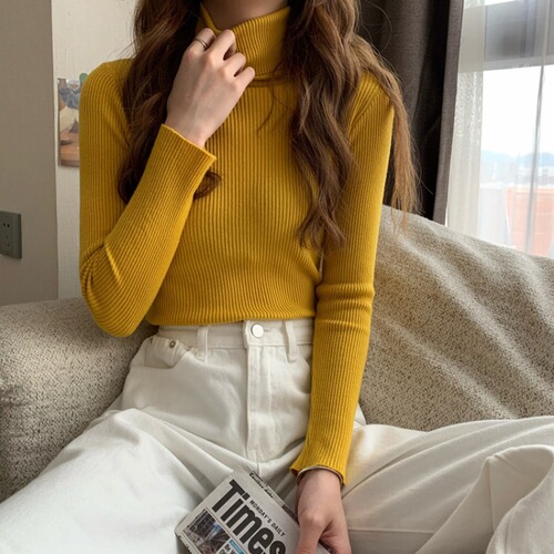  New Colorful Autumn/Winter Solid Color Basic Matchable Knit Top Classic High Collar Long Sleeve Base Shirt