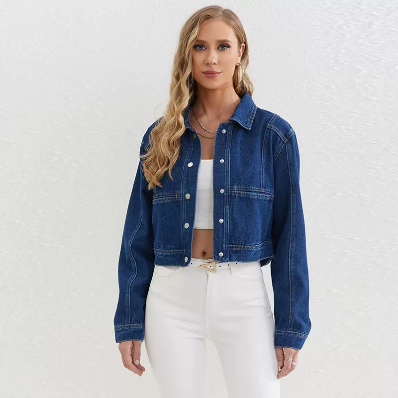 欧美时尚牛仔夹克女外套跨境亚马逊JEAN个性前插袋春季金典款新品