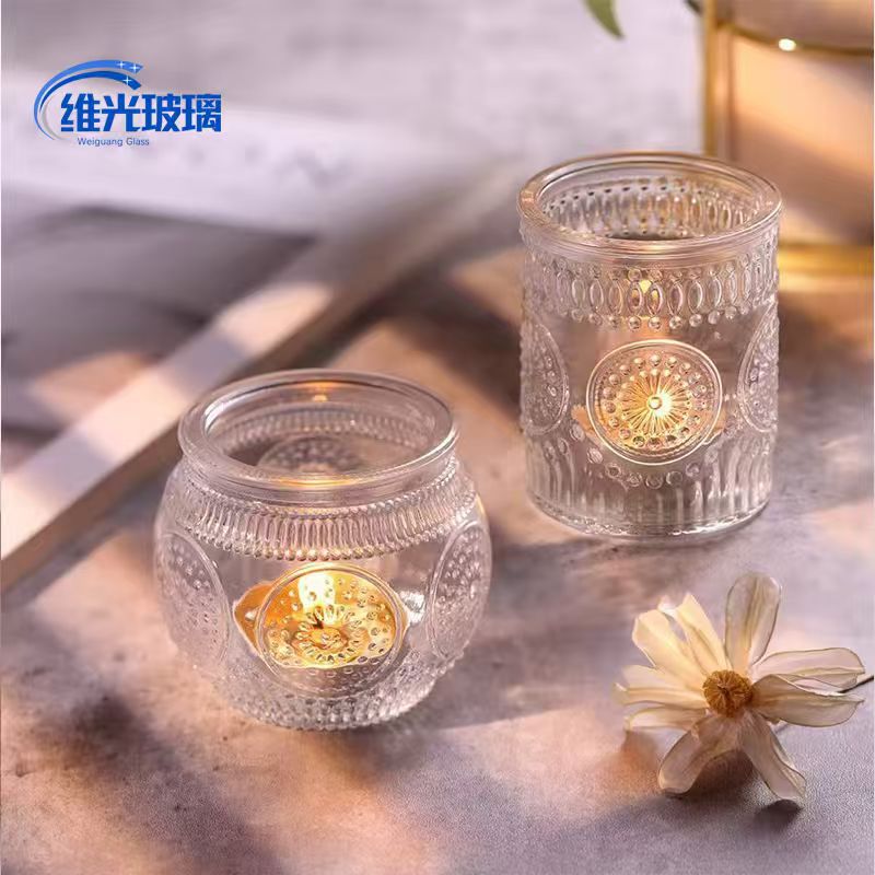 跨境热销太阳花蜡烛杯复古浮雕圆形烛台透明玻璃氛围感香薰蜡烛杯