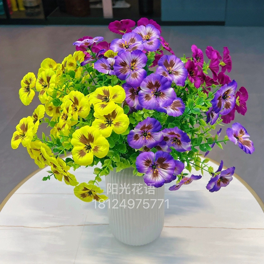热销仿真绿植尤加利七叉35目三色堇花家居插花装饰仿真花