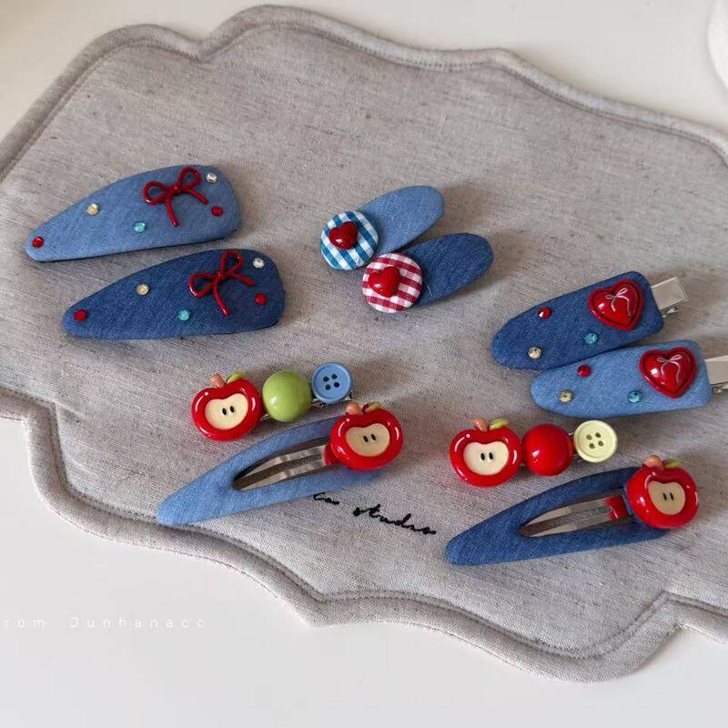 Dopamine Apple Series Hairpin Bangs Clip Bow Color Diamond Denim Hair Trim Clip Hairpin Women