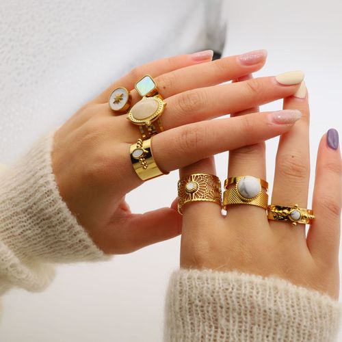 Natural stone ring for women, shell, star, titanium steel, gold-plated, non-fading, adjustable open ring, European and American combination hand jewelry